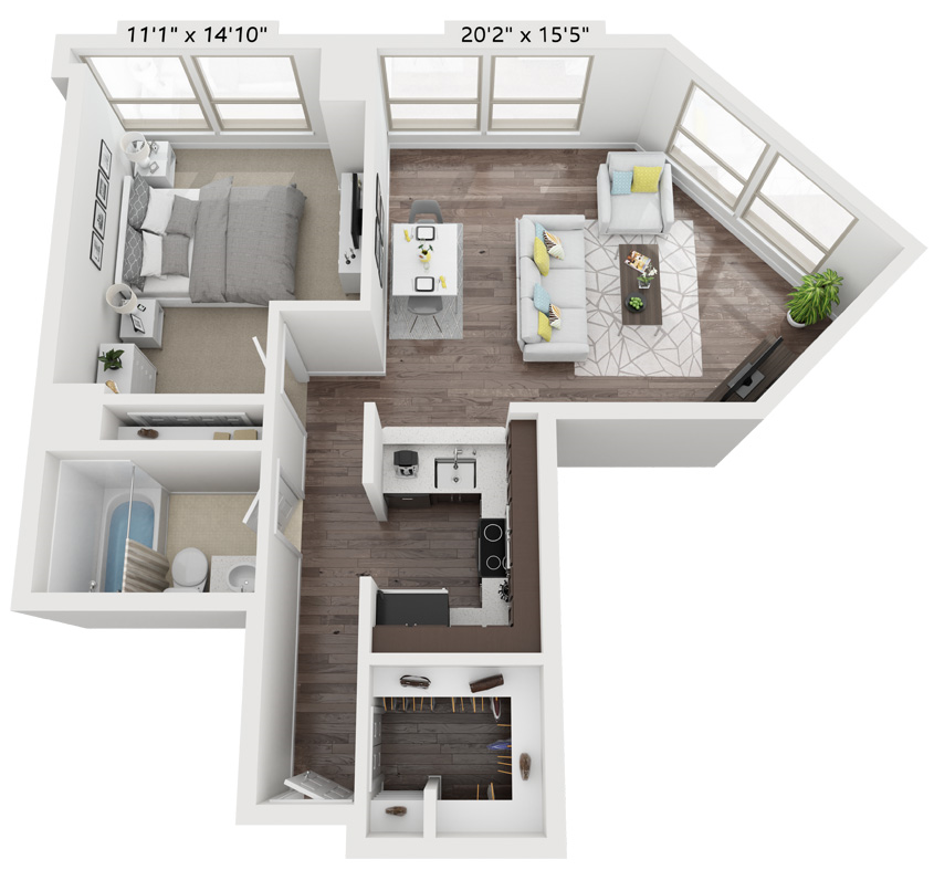 Floor plan for 1 bed, 1 bath, 652 sqft